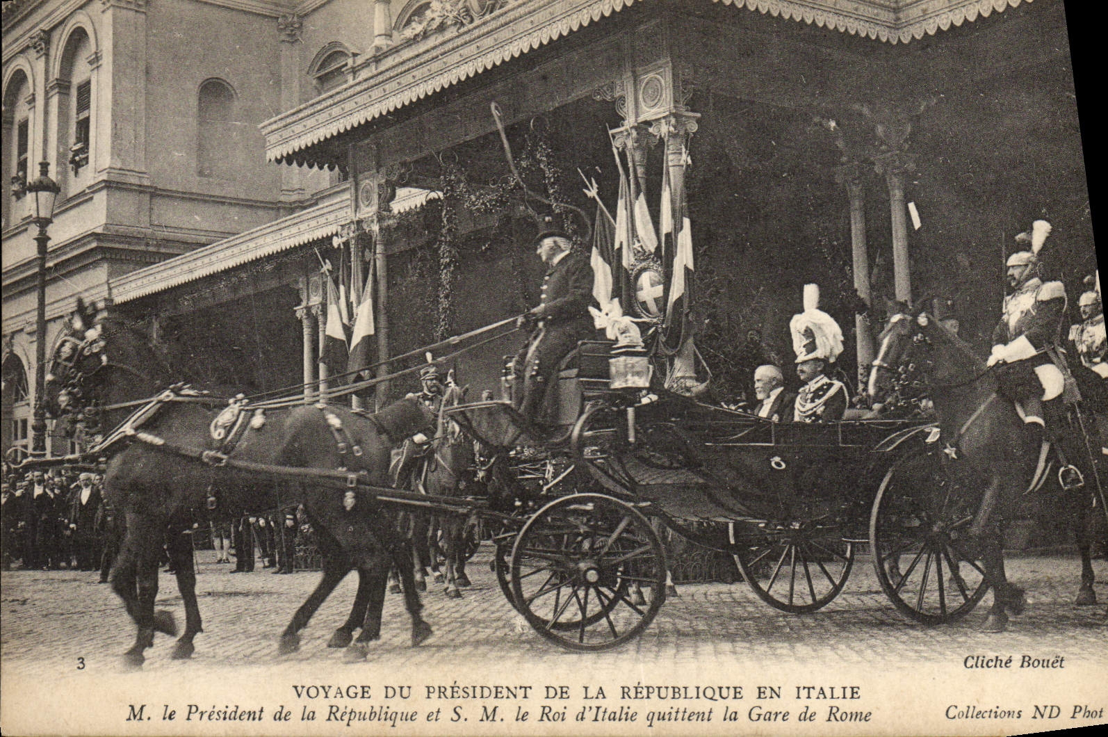 Voyage du Président de la République en Italie — M. le Président de la République et S.M. le Roi d'Italie quittent la Gare de Rome — Cliché Bouët