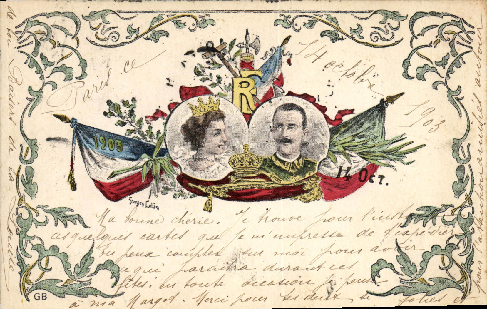 Portrait du couple royal français — 14 octobre 1903 — éditeur Franges Lalin