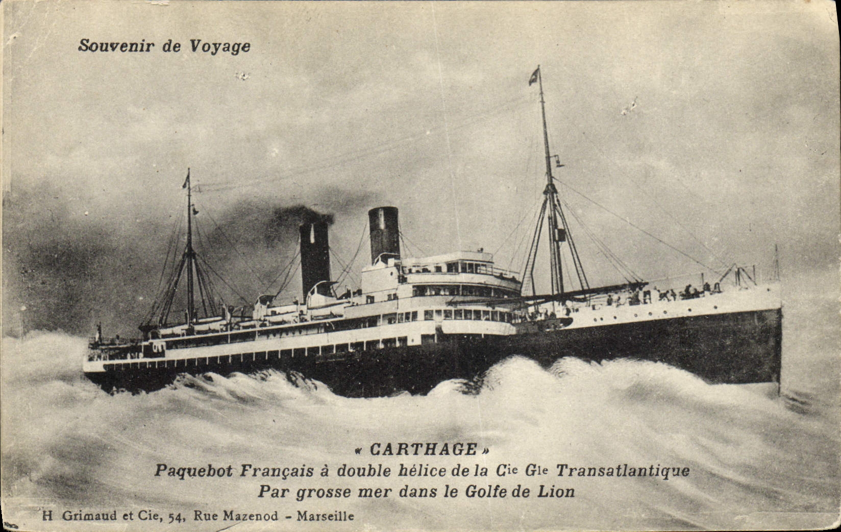Paquebot Français « Carthage » — à double hélice, dans le Golfe de Lion — H. Grimaud et Cie, 54 Rue Mazenod - Marseille