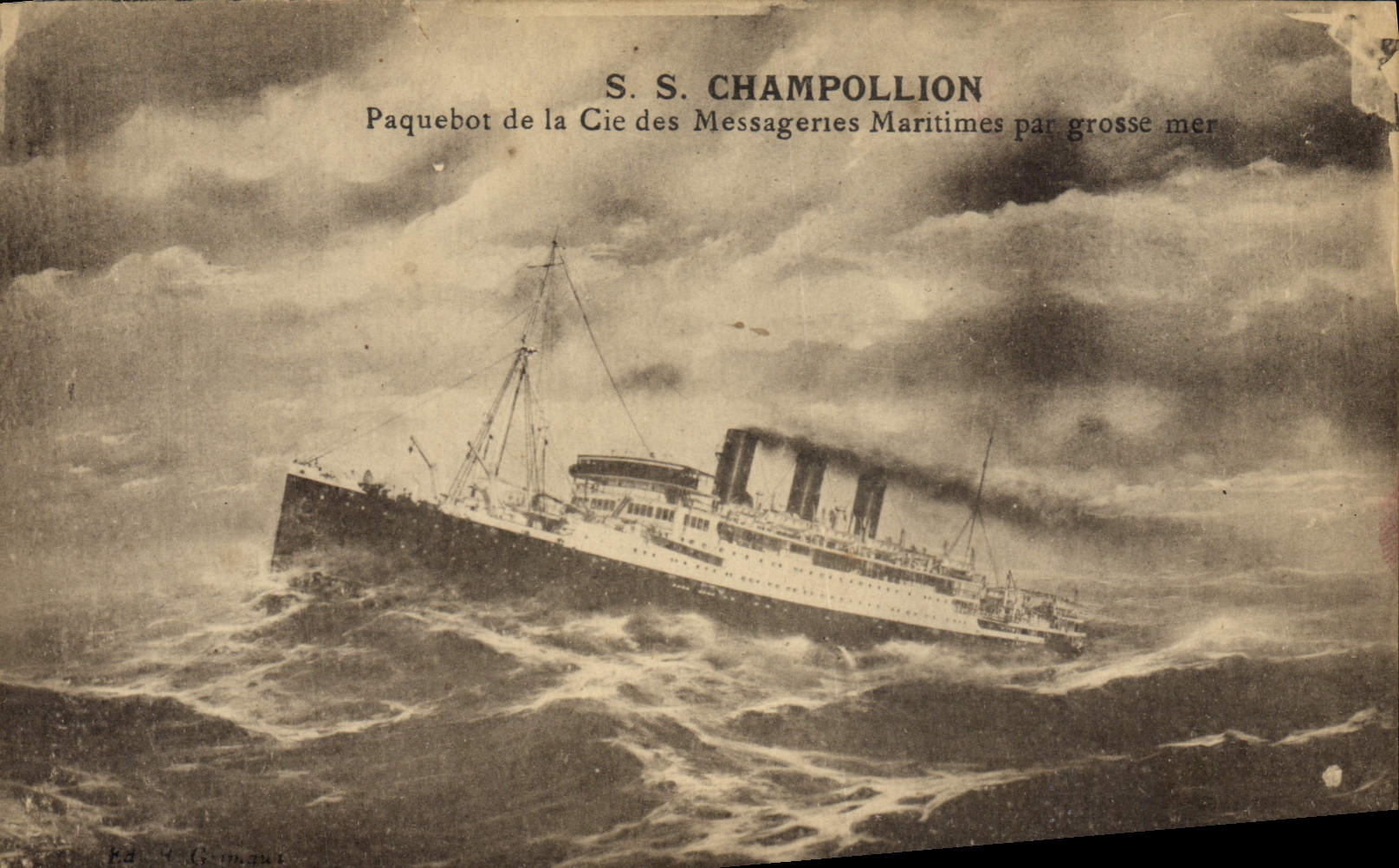 S.S. CHAMPOLLION — Paquebot de la Cie des Messageries Maritimes par grosse mer — G. Gimaud
