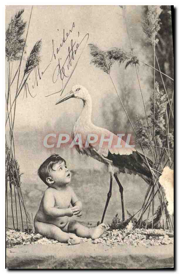 CPA Fantaisie Enfant Cigogne