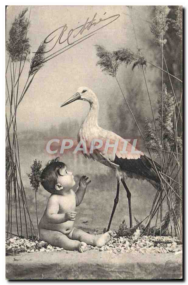 CPA Fantaisie Enfant Cigogne