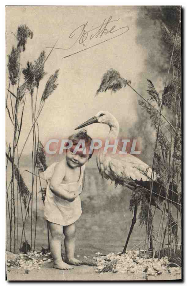 CPA Fantaisie Enfant Cigogne