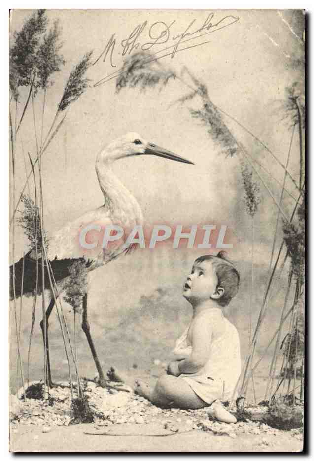 CPA Fantaisie Enfant Cigogne