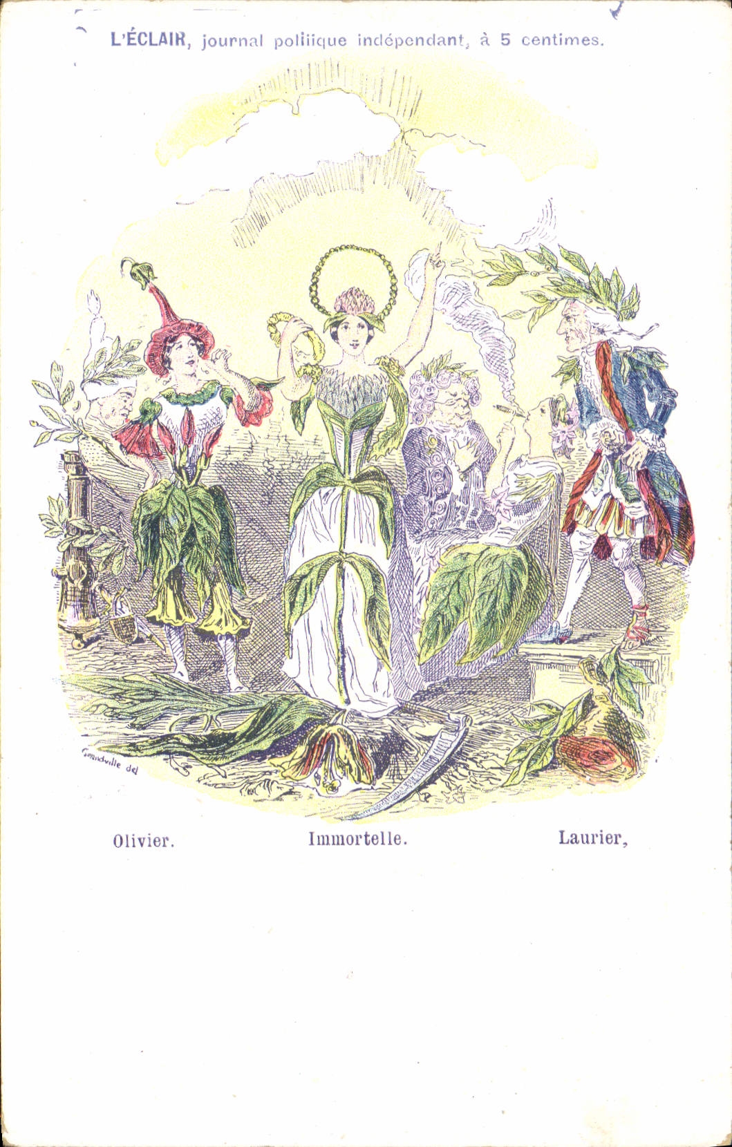 L'ÉCLAIR, periódico político independiente, a 5 centavos — ilustración de tres personajes simbólicos (Olivier, Immortelle, Laurier) — grabado de G. Olivier del.