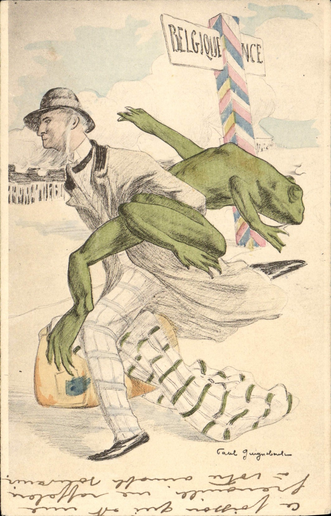 Homme et grenouille à la frontière Belgique-France — dessin de Paul Guignebodin