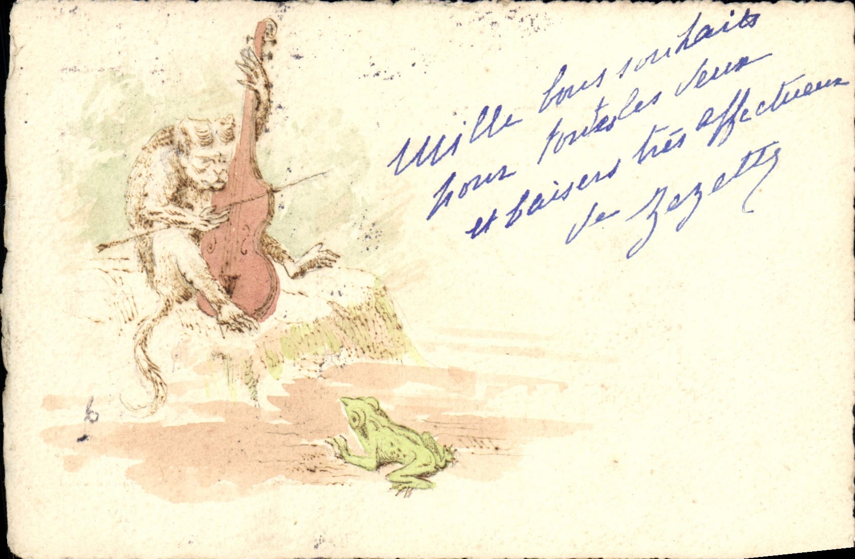 Singe jouant du violoncelle — grenouille — éditeur non identifié, n°6