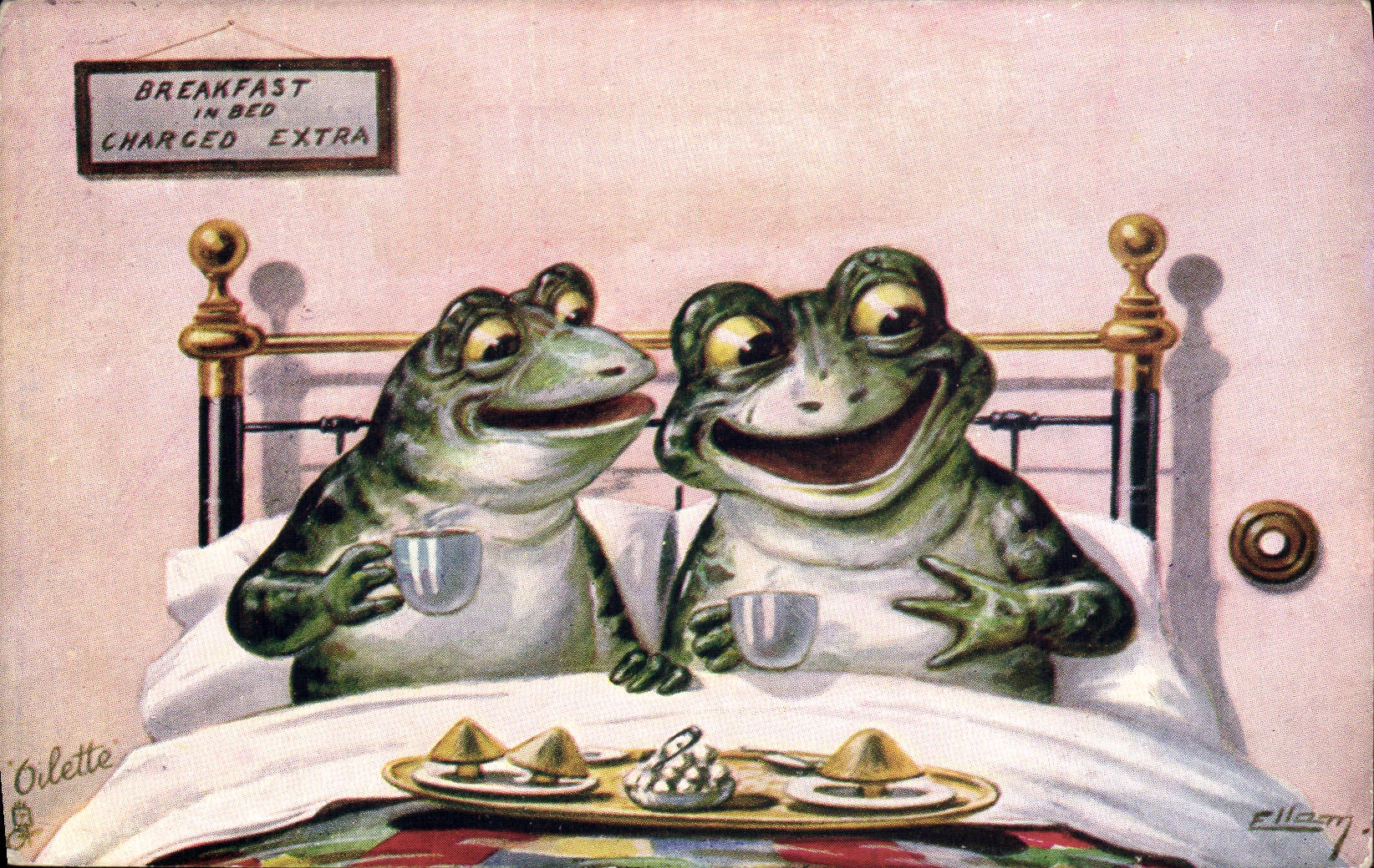 Deux grenouilles au petit déjeuner dans le lit — 'Breakfast in Bed Charged Extra' — Oilette, n°7