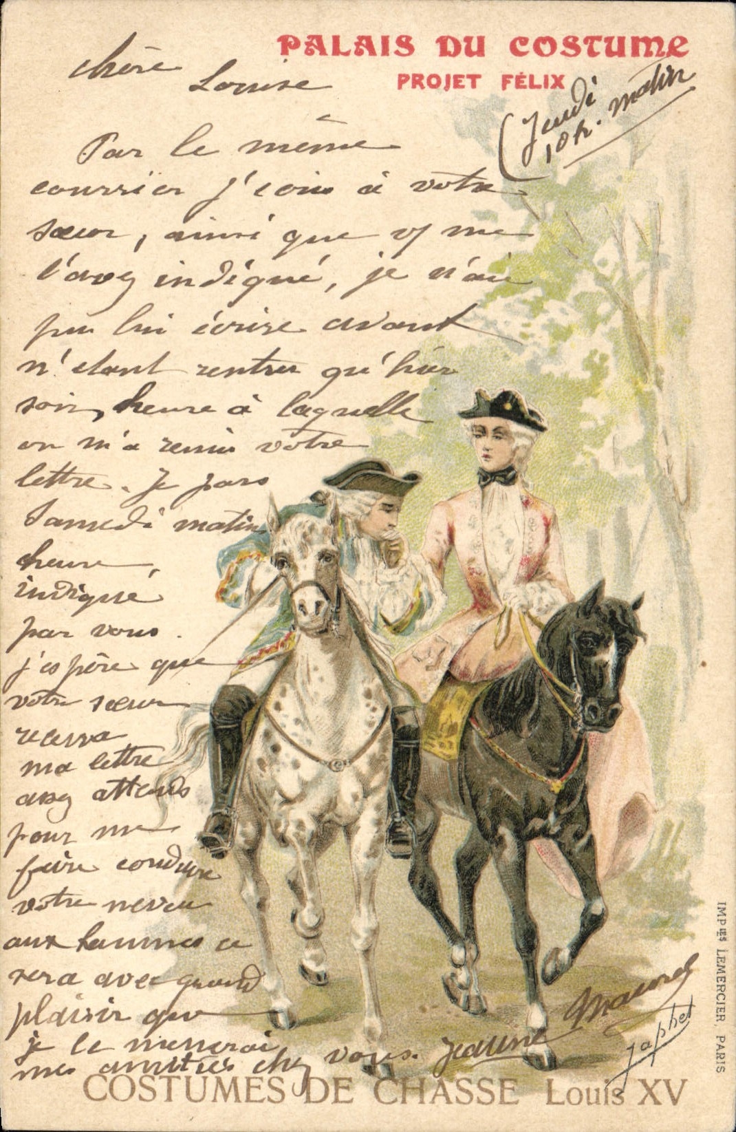 CPA Illustrateur Palais du Costume Projet Felix Costumes de chasse Louis XV Cheval Chevaux