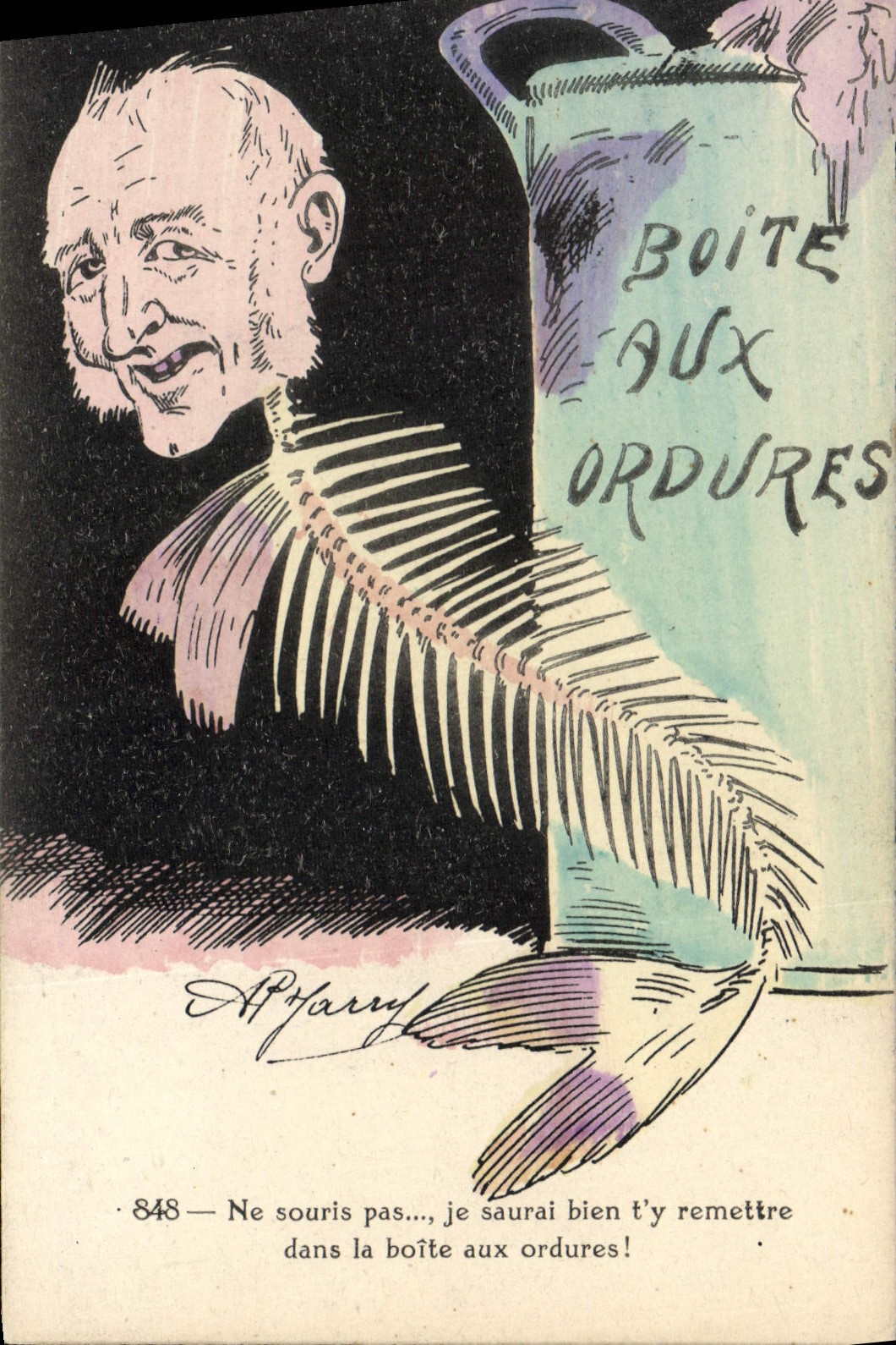 Caricatura di un uomo anziano — Cestino per rifiuti — A. Pharry, n° 848