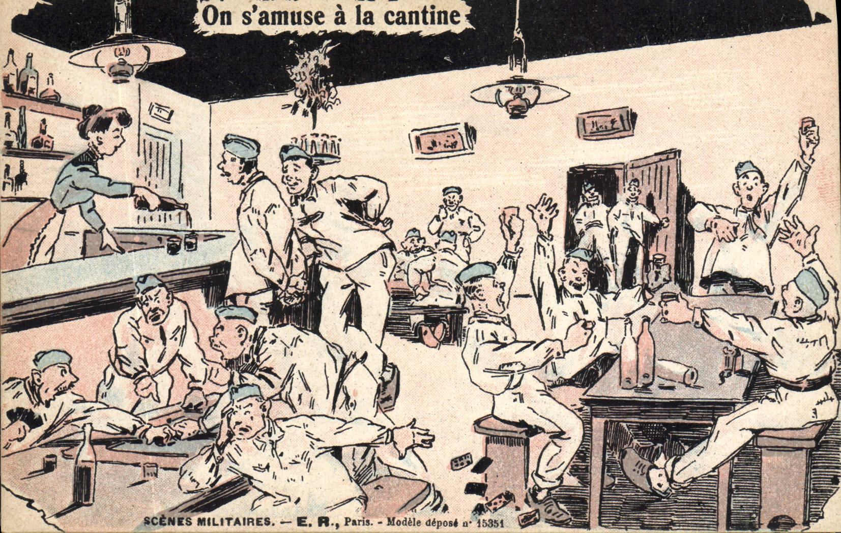 Scènes militaires — On s'amuse à la cantine — E.R., Paris - Modèle déposé n° 15351