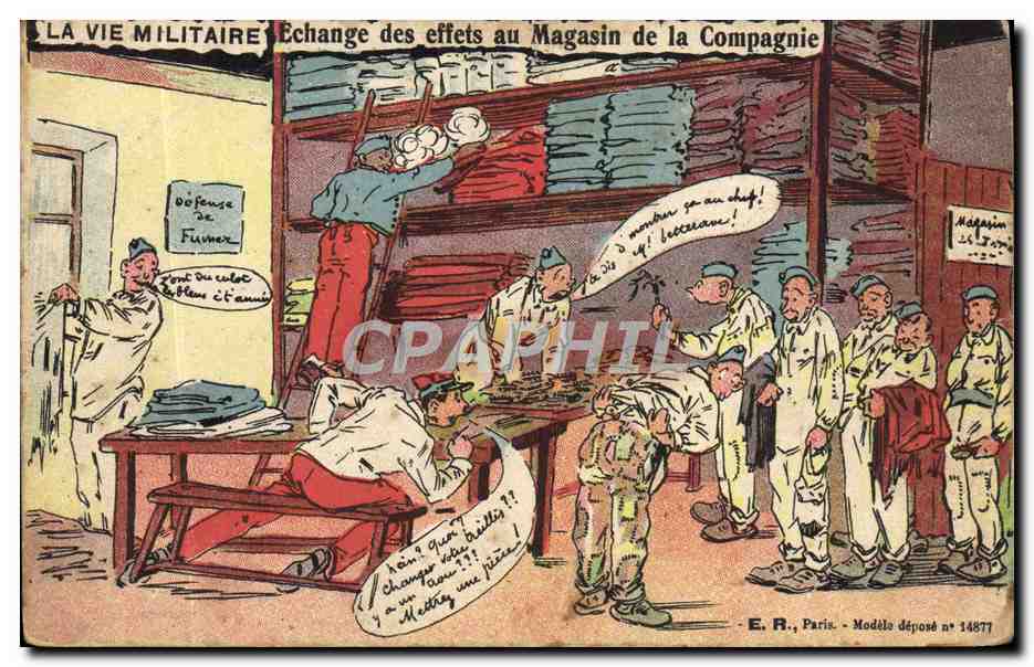 La Vie Militaire — Échange des effets au Magasin de la Compagnie — E.R., Paris, Modèle déposé n° 14877