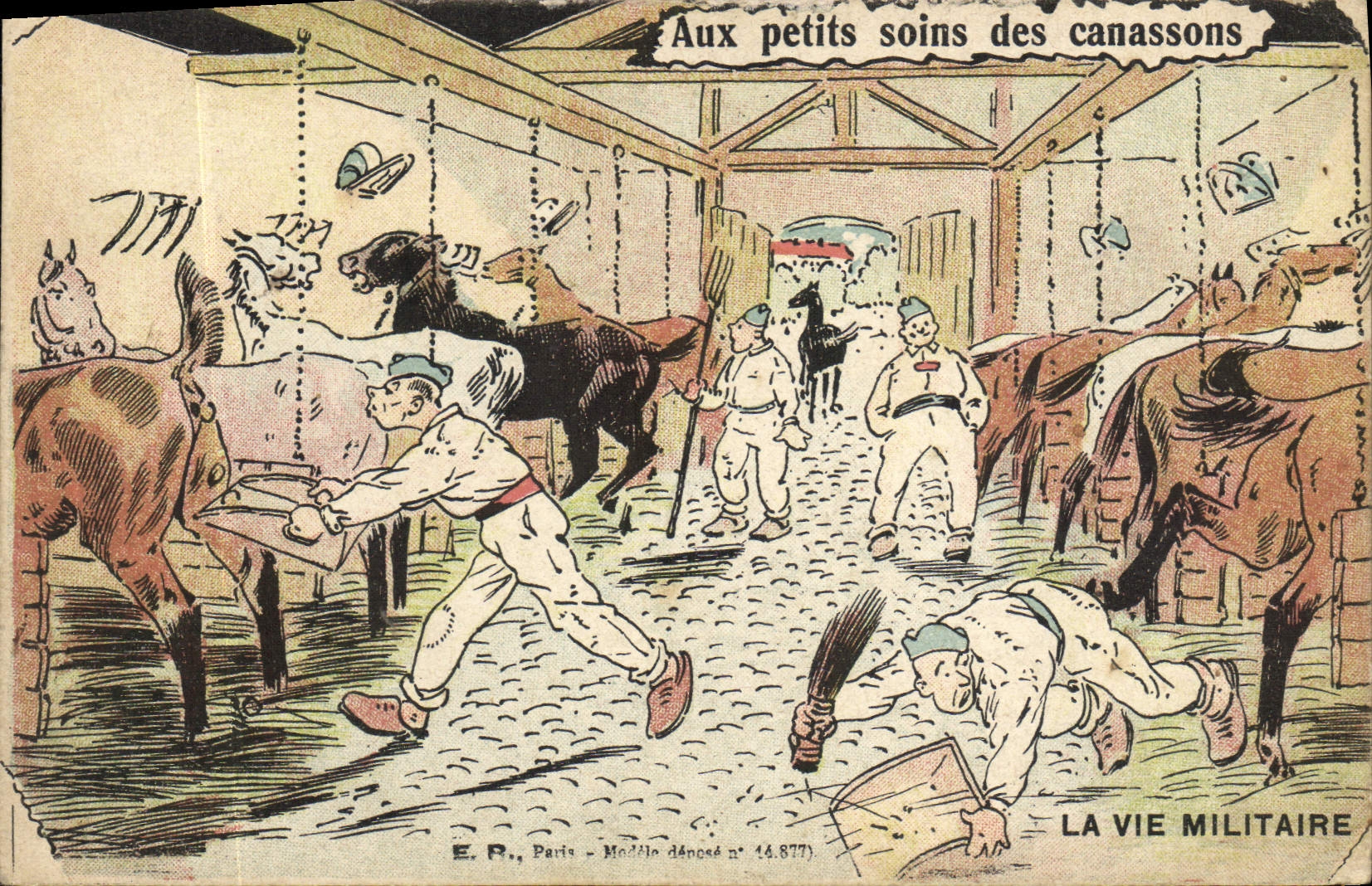 Aux petits soins des canassons — La Vie Militaire — E.R., Paris, Modèle déposé n° 14.877