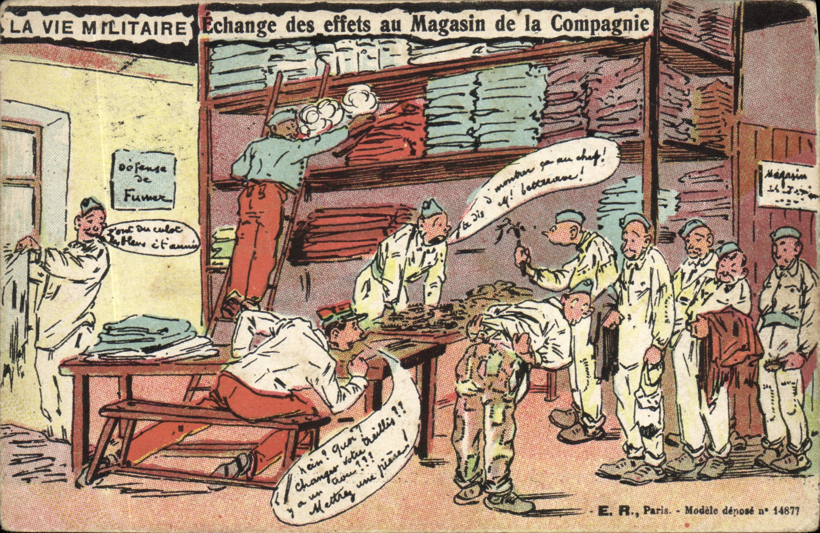 Échange des effets au Magasin de la Compagnie — La Vie Militaire — E.R., Paris, Modèle déposé n° 14877