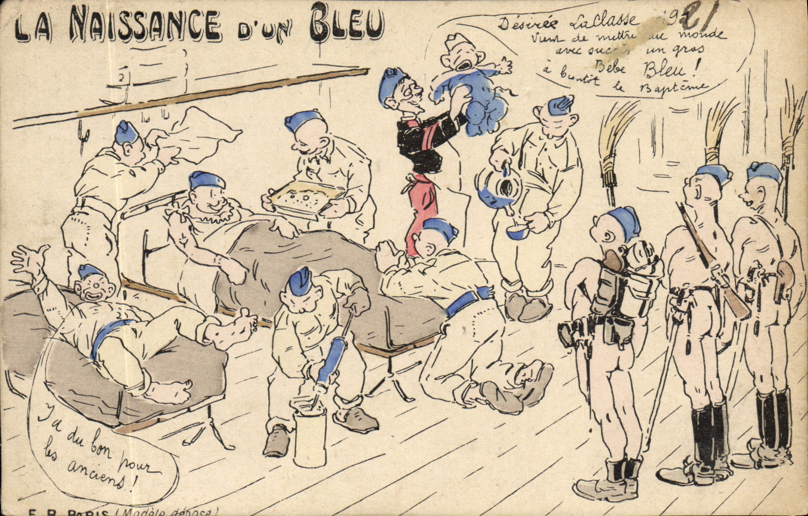 La Naissance d'un Bleu — caricature militaire — E. R. Paris (Modèle déposé)