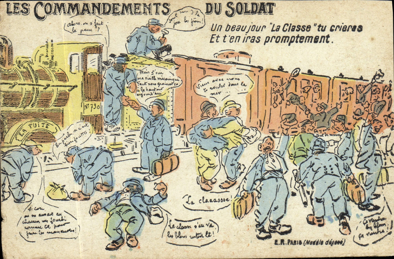 Les Commandements du Soldat — caricature militaire — E.R. Paris (Modèle déposé) n°730
