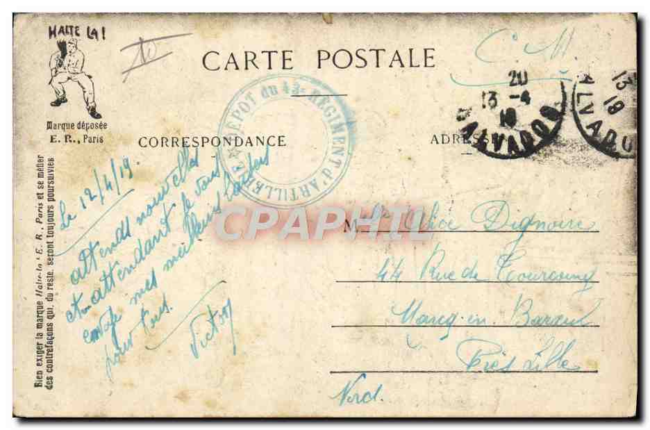La Bienvenue — Scènes Militaires — E.R. Paris — Modèle déposé n° 14877 — Verso