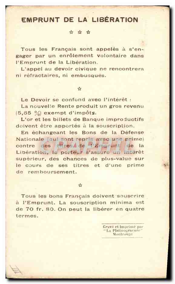CPA Militaria Emprunt de la Liberation Vainqueurs de la Marne General Dubail  — Rückseite