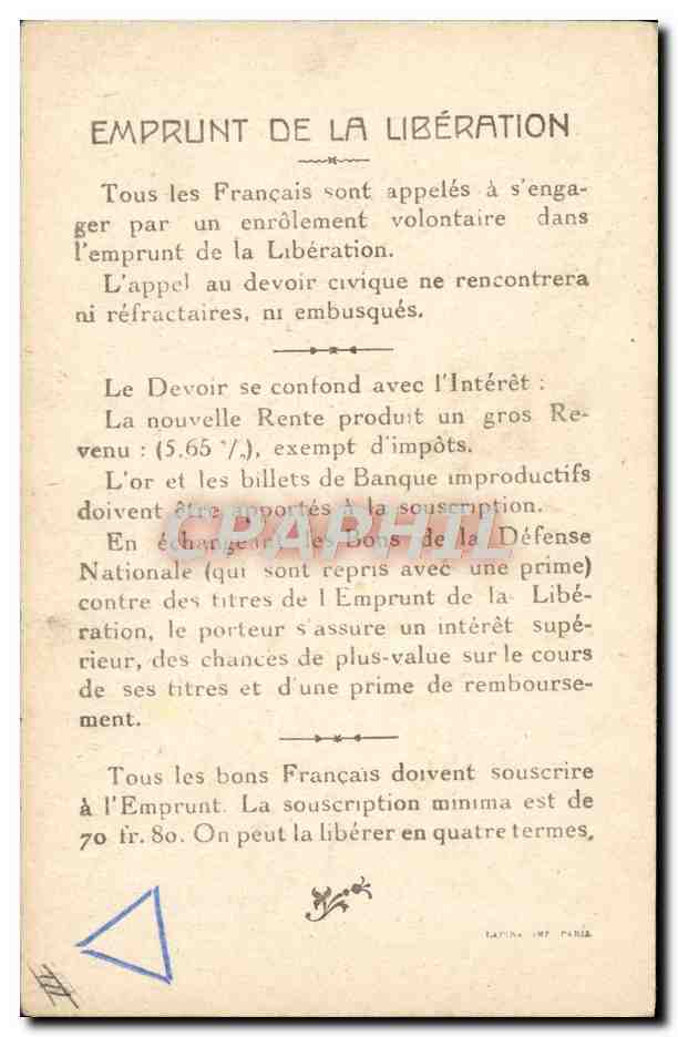 CPA Militaria Emprunt de la liberation Vainqueurs de la Marne General de Langle de Cary — Rückseite