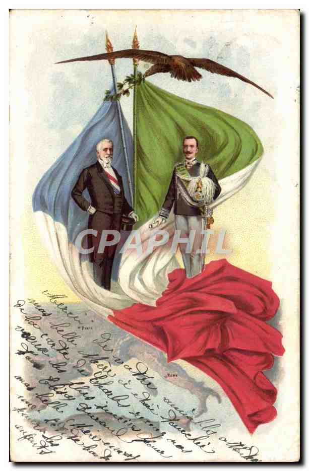 Deux hommes devant le drapeau italien — éditeur inconnu, n° de série non visible