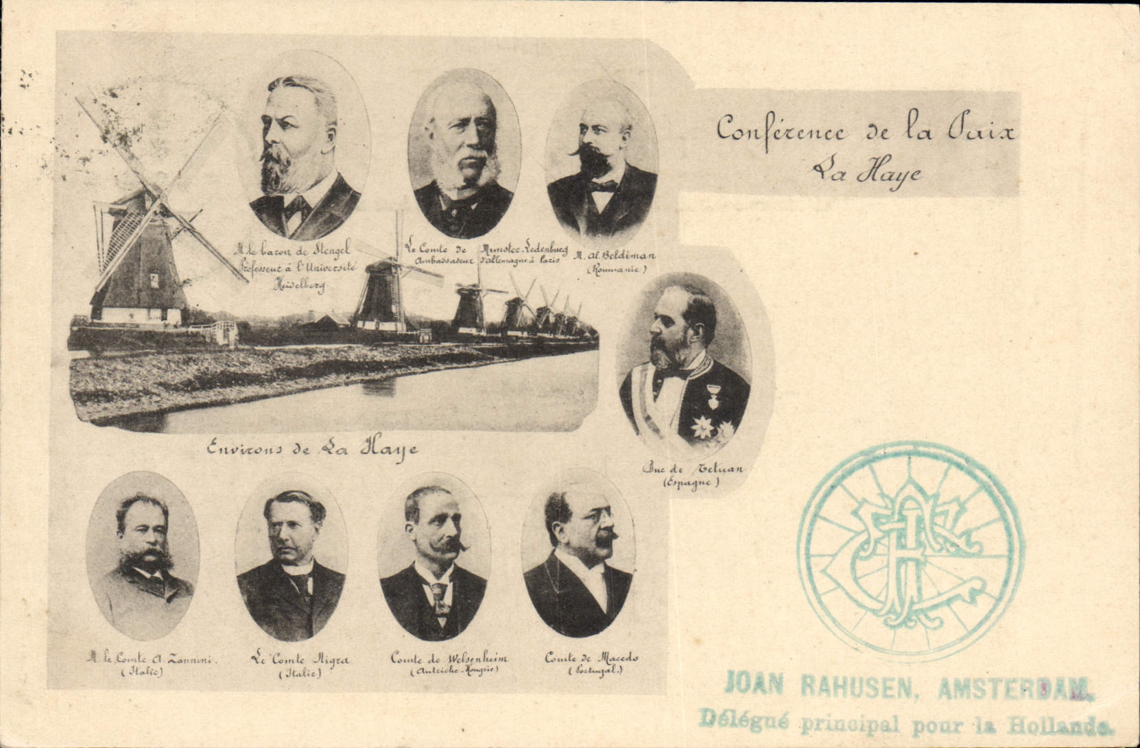 Vintage Postcard Peace Conference The Hague Joan Rahusen Amsterdam principal delegate for the Netherlands Windmill