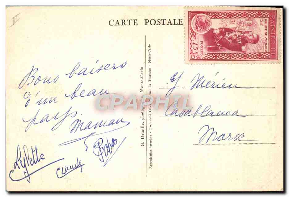 S.A.S. Rainier III — Prince souverain de Monaco — G. Detaillé, photographe, Monte-Carlo — Verso