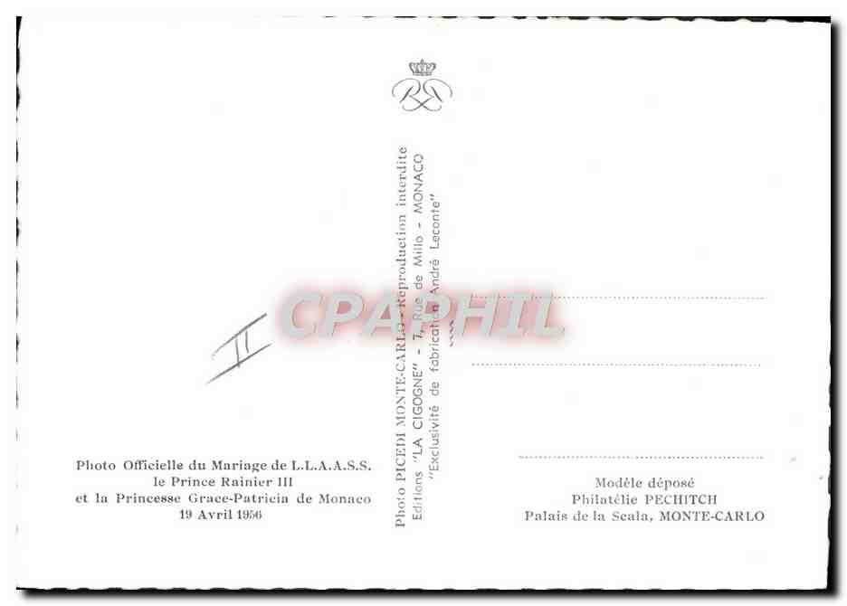 Le Prince Rainier III et la Princesse Grace-Patricia de Monaco — Mariage 19 Avril 1956 — F. Picedi — Achterkant
