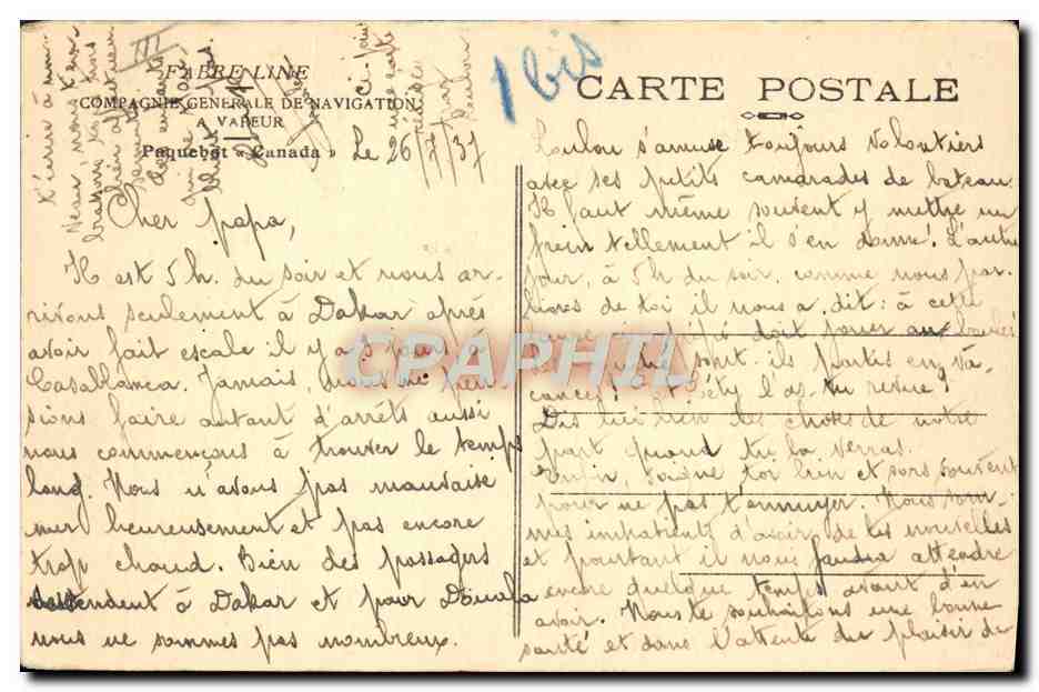 Le Canada — paquebot de la Compagnie Générale de Navigation — éditeur Pequehet — Verso