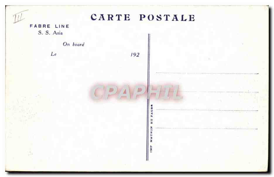 S.S. Asia — Navire de la ligne Fabre — 192 — Verso
