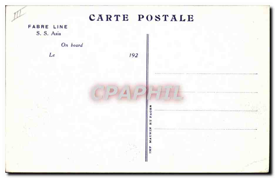 S.S. Asia — Navire de la ligne Fabre — 192 — Verso