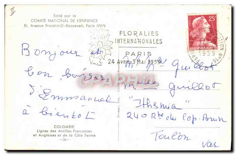 CPM Colombie Lignes des Antilles Francaises et anglaises  — Verso