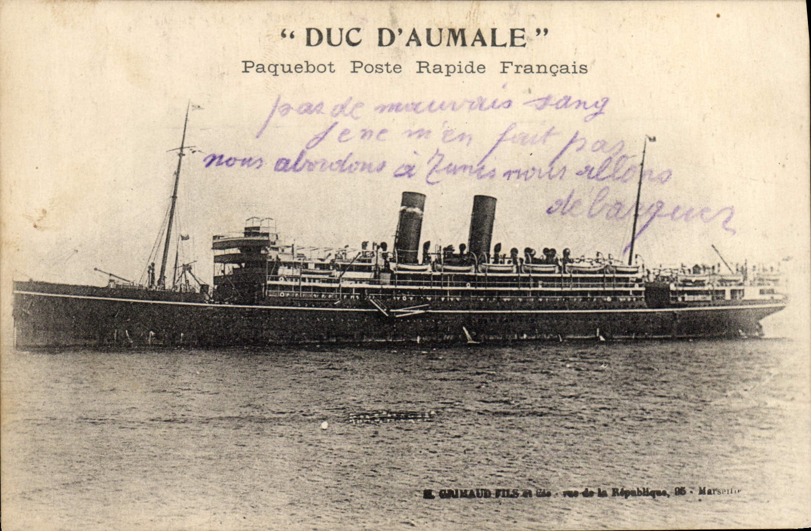 Duc d'Aumale — Paquebot Poste Rapide Français — E. Grinaud Fils, Marseille