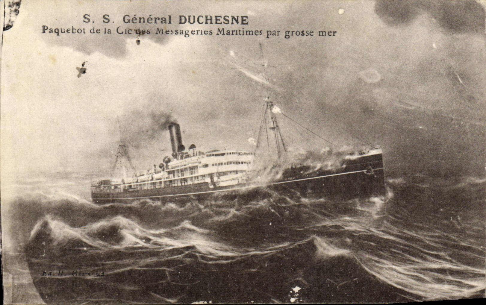 S.S. Général Duchesne — Paquebot de la Cie des Messageries Maritimes par grosse mer — Éditeur La H. Grenaud