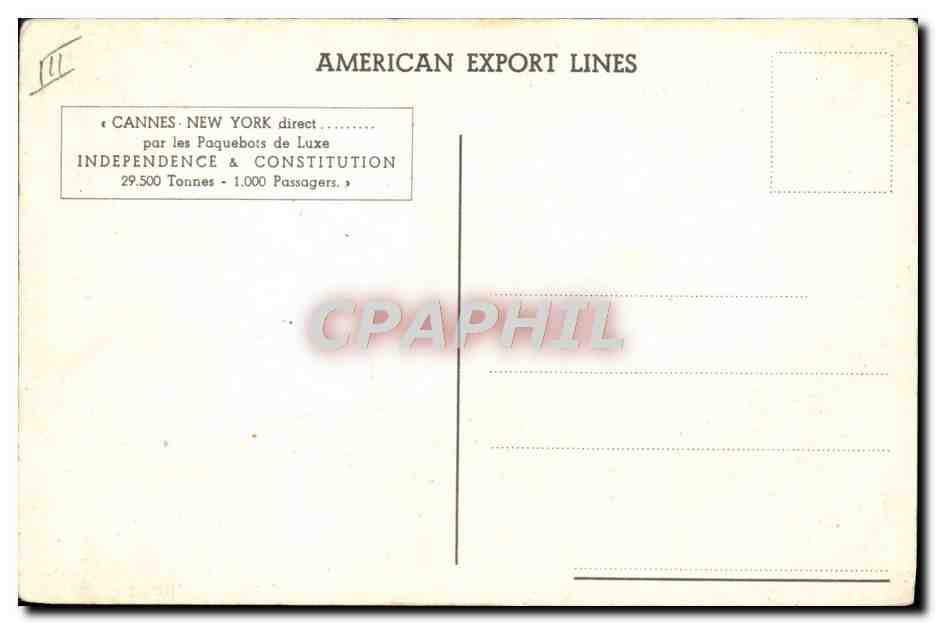 CPA Cannes New York Direct Paquebit Independence & Constitution — Verso