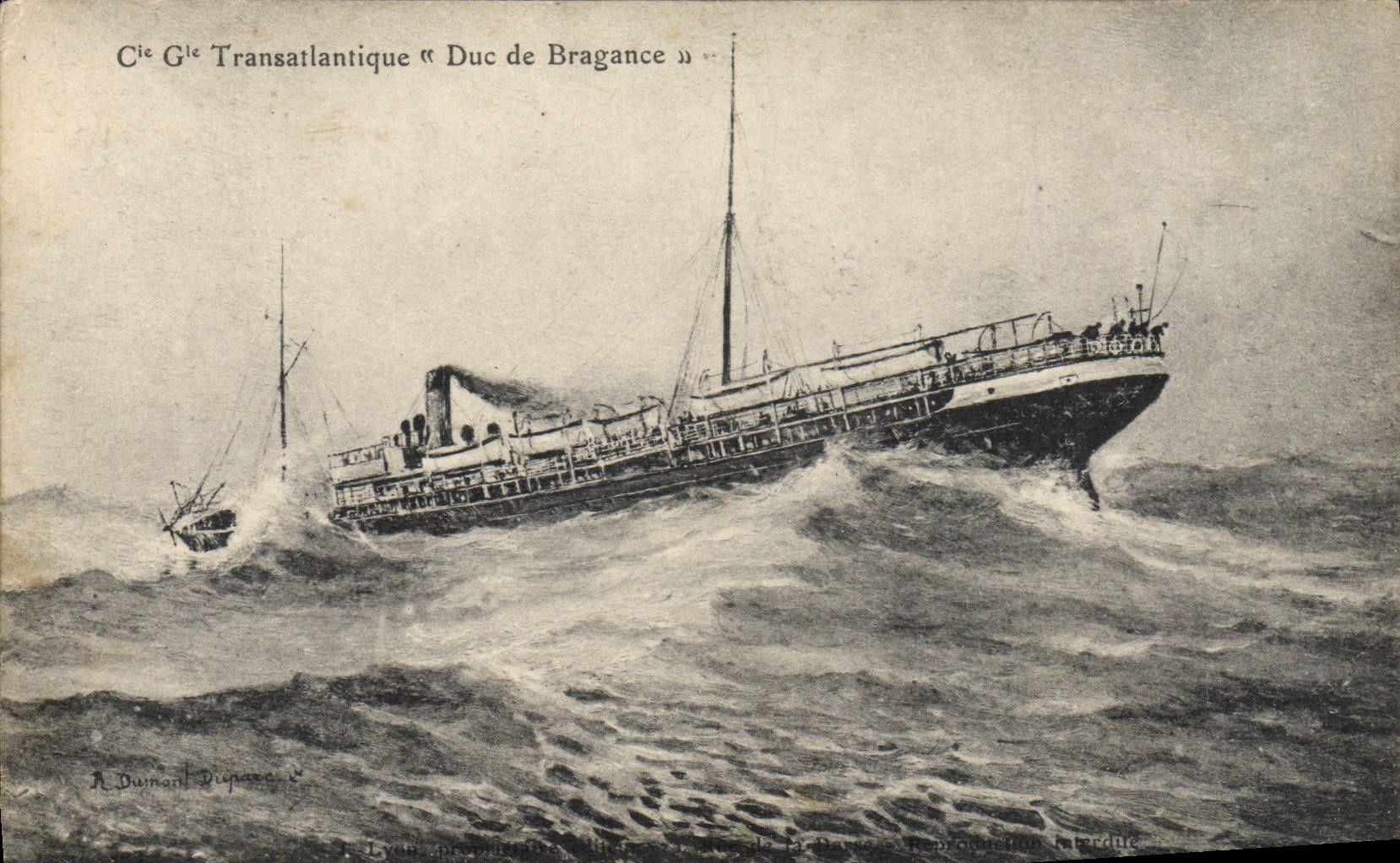 Cie Générale Transatlantique « Duc de Bragance » — illustration de R. Durnand Ripaume — éditeur Lyon, imprimeur de la Baume