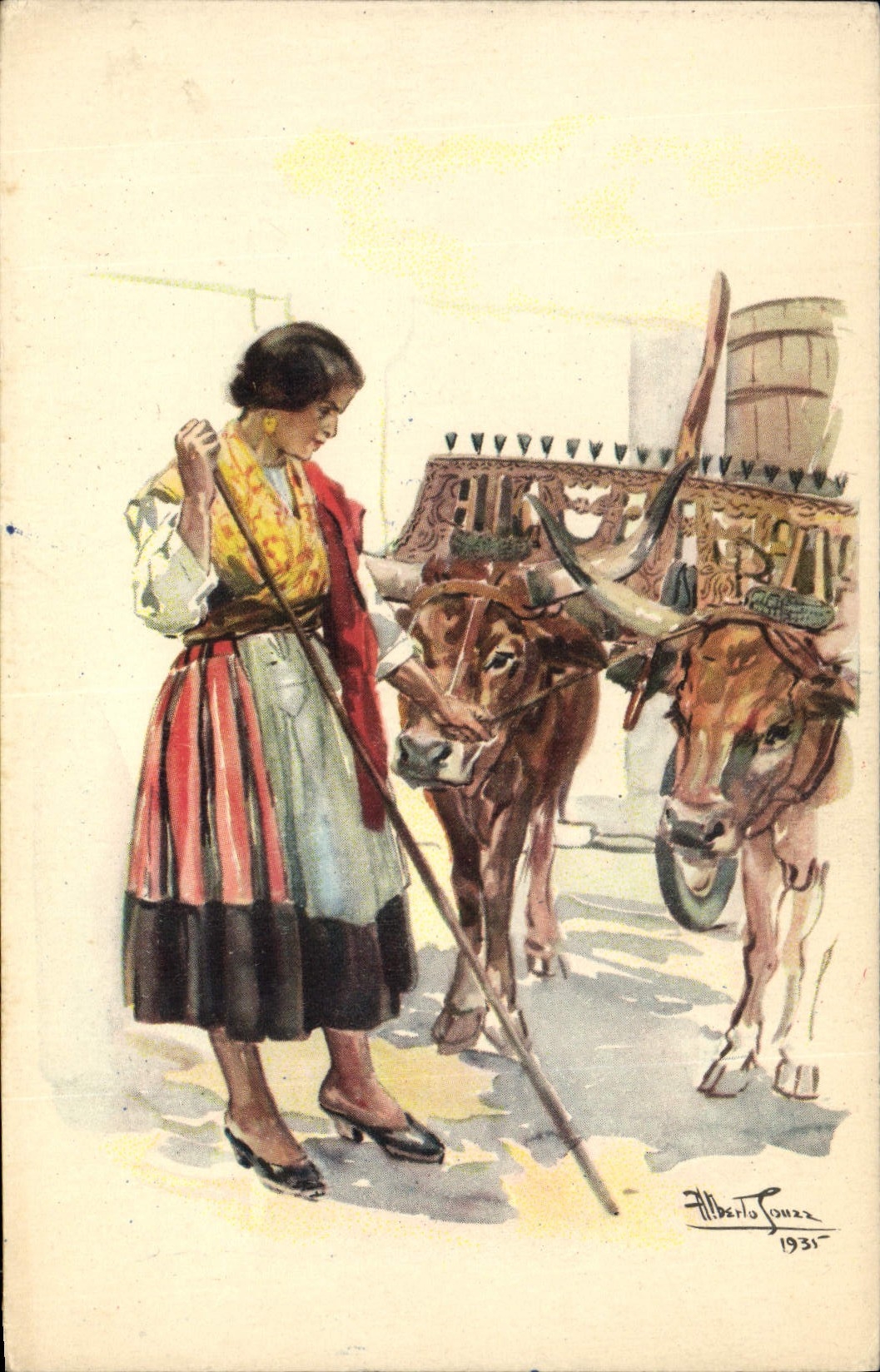 CPA Fantaisie Illustrateur Femme Vaches Attelage 
