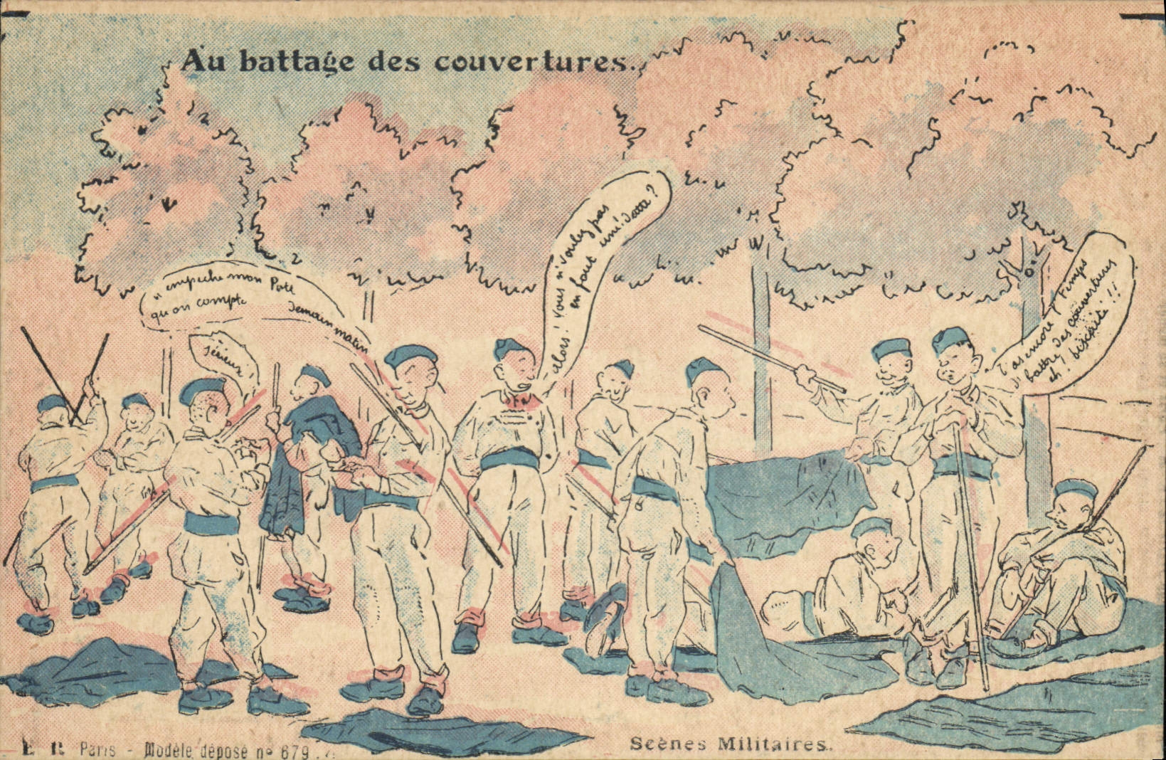 Au battage des couvertures — Scènes Militaires — E.R. Paris, Modèle déposé n° 679