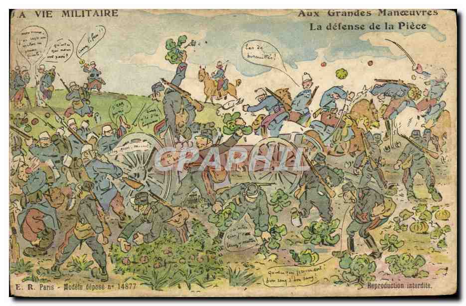 La défense de la Pièce — Aux Grandes Manœuvres — E.R. Paris, Modèle déposé n° 14877