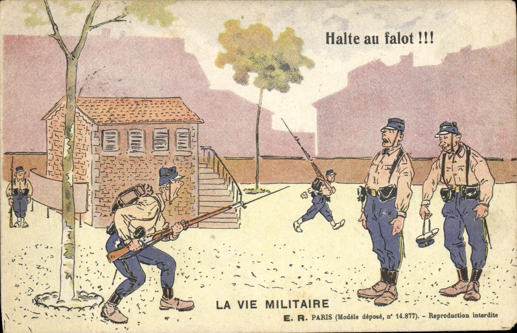 Soldats en scène militaire — Halte au falot !!! — E.R. PARIS (Modèle déposé, n° 14.877)