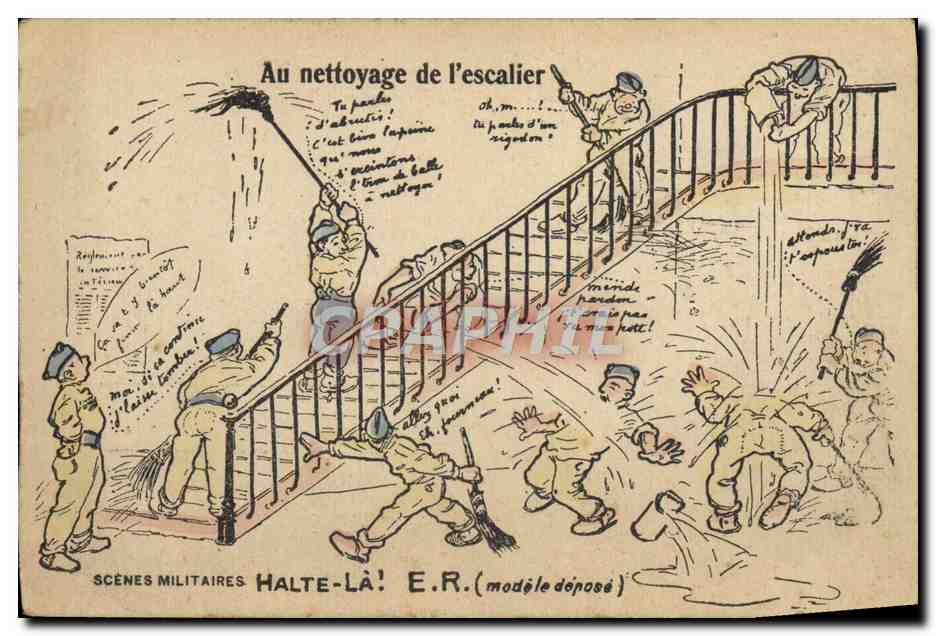 Scènes militaires — Nettoyage de l'escalier — HALTE-LÀ! E.R. (modèle déposé) - Anverso