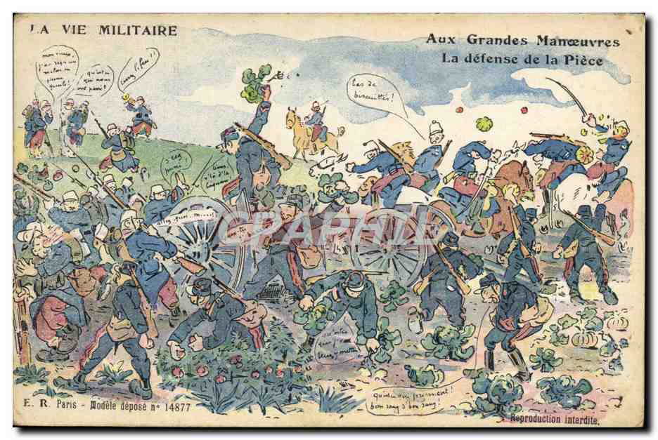 La Vie Militaire — Aux Grandes Manœuvres, La défense de la Pièce — E.R. Paris, Modèle déposé n° 14877