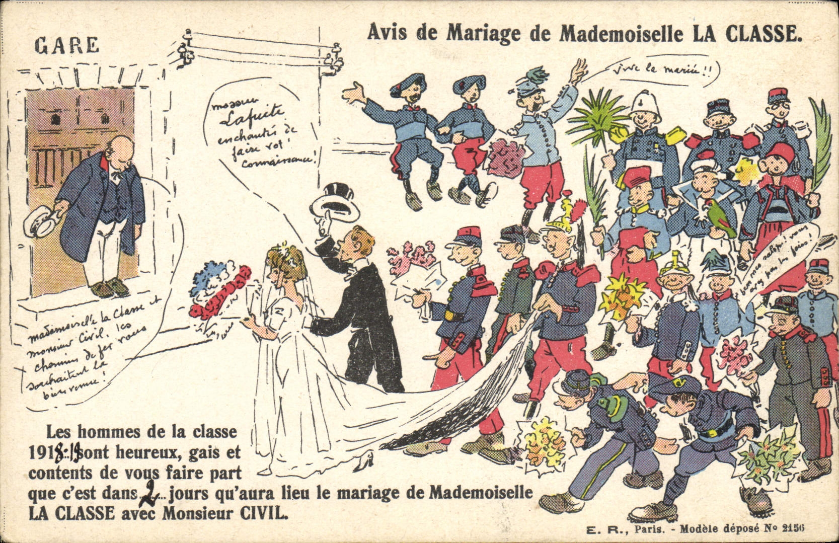 Mariage de Mademoiselle LA CLASSE — Avis de Mariage — E.R., Paris, Modèle déposé N° 2156