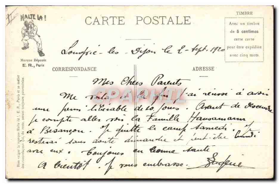 Mariage de Mademoiselle LA CLASSE — Avis de Mariage — E.R., Paris, Modèle déposé N° 2156 — Verso