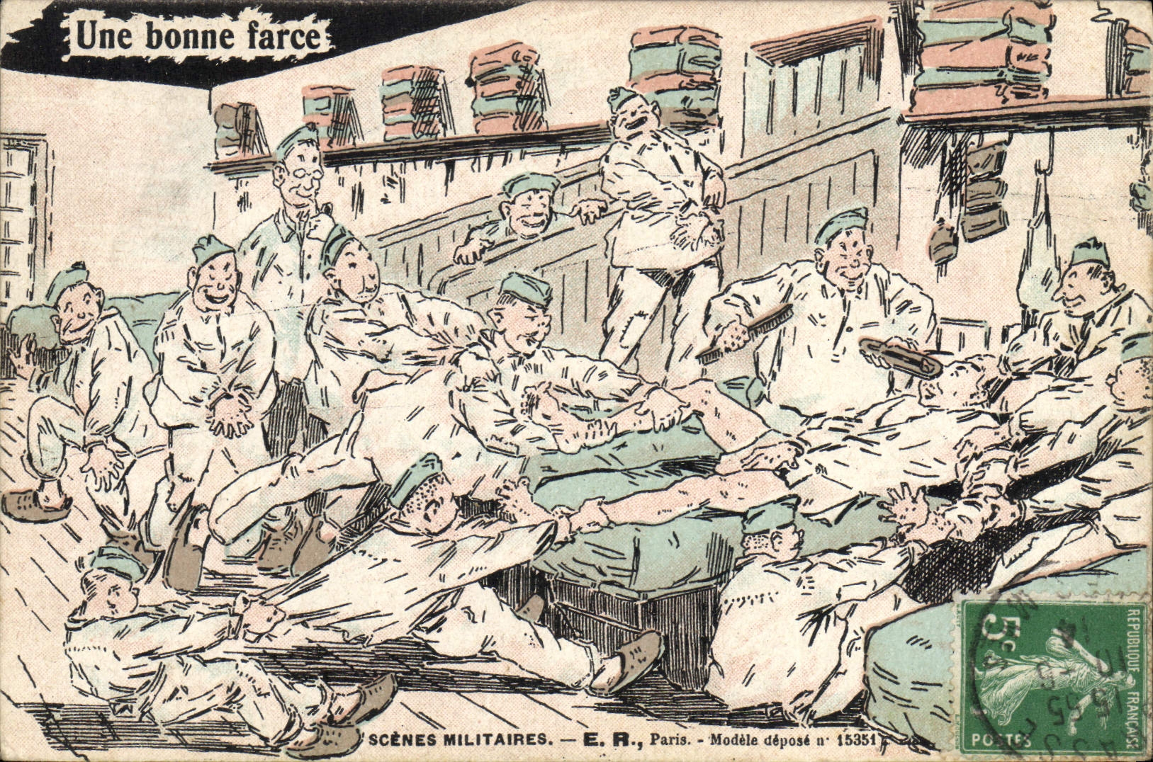 Scènes militaires — Une bonne farce — E.R., Paris, Modèle déposé n° 15351