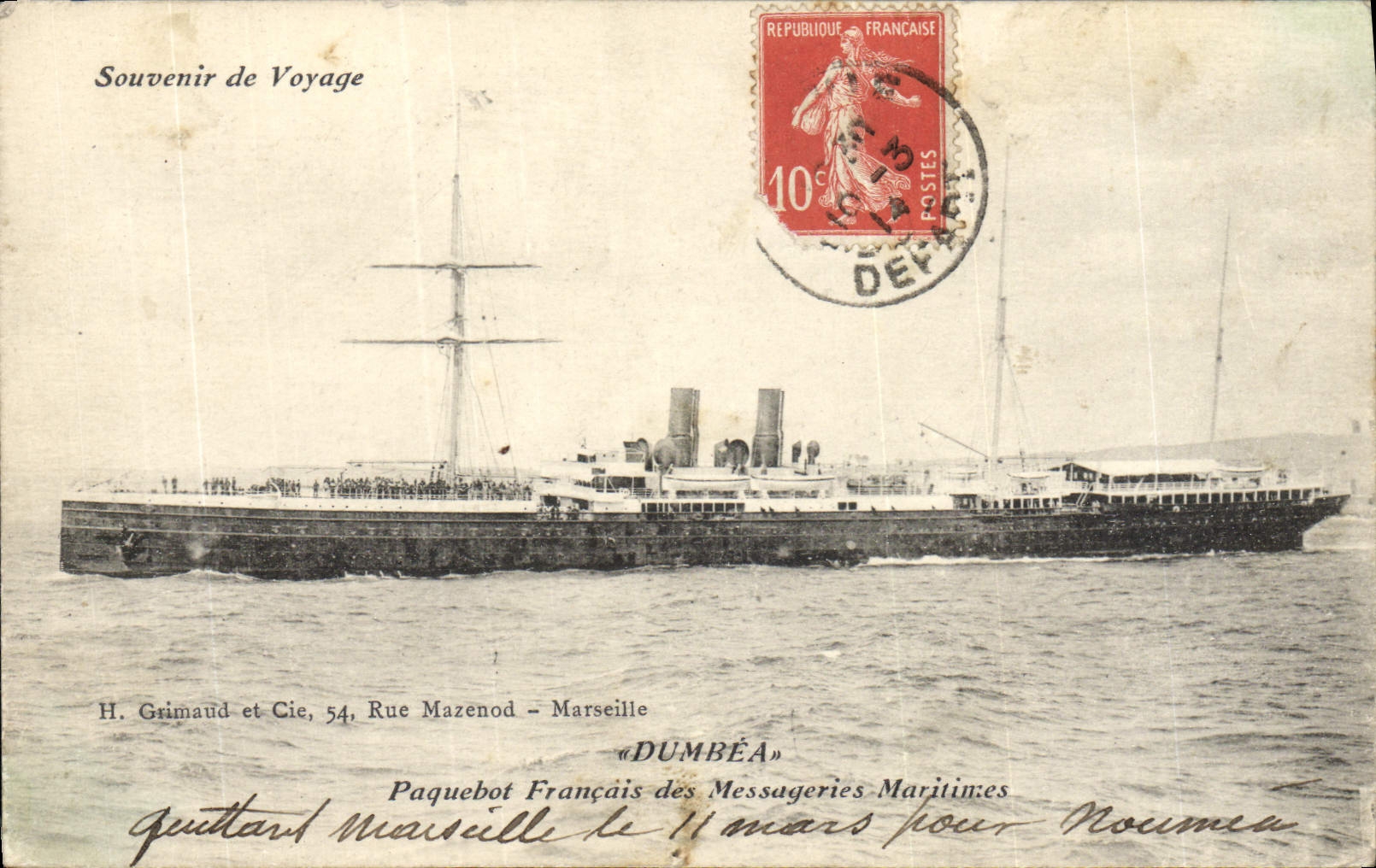 Frans schip van de Messageries Maritimes « DUMBÉA » — H. Grimaud et Cie, Marseille — Herinnering aan een Reis