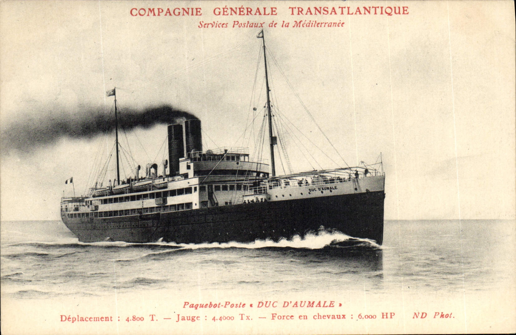 Paquebot Duc d'Aumale — Compagnie Générale Transatlantique — Services Postaux de la Méditerranée
