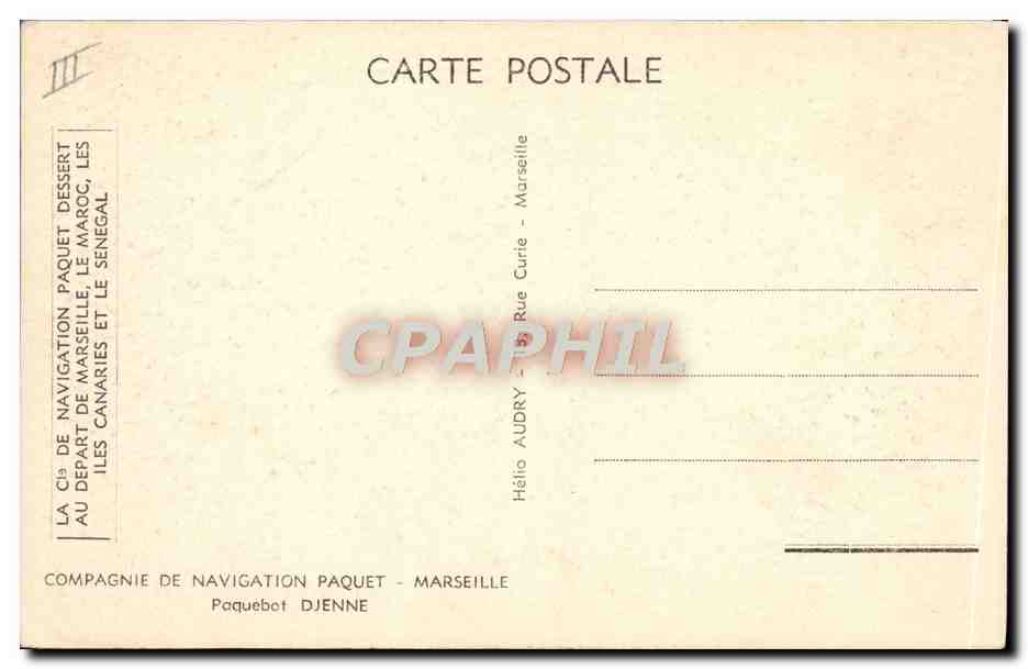 Paquebot Djenne — Compagnie de Navigation Paquet — Marseille — Verso