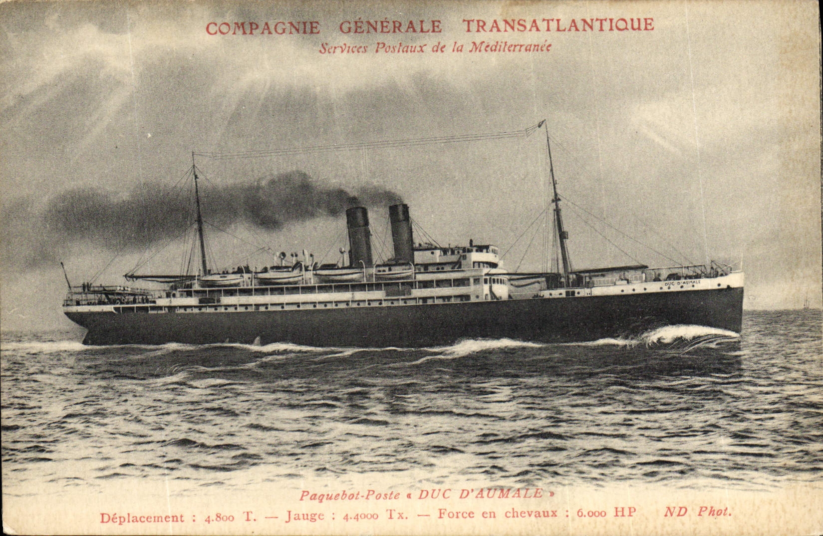 Paquebot-poste Duc d'Aumale — Compagnie Générale Transatlantique — Services Postaux de la Méditerranée