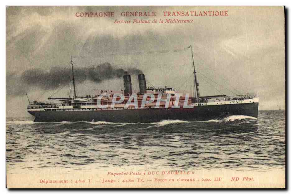 Paquebot-poste Duc d'Aumale — Compagnie Générale Transatlantique — Services Postaux de la Méditerranée