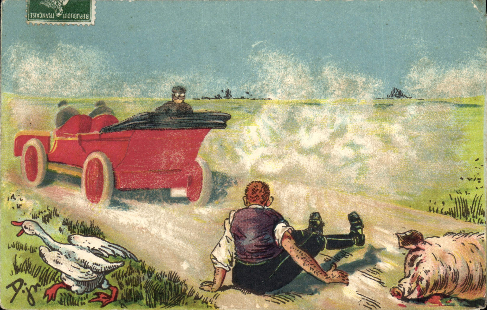 CPA Fantaisie Illustrateur Homme Automobile Cochon Porc